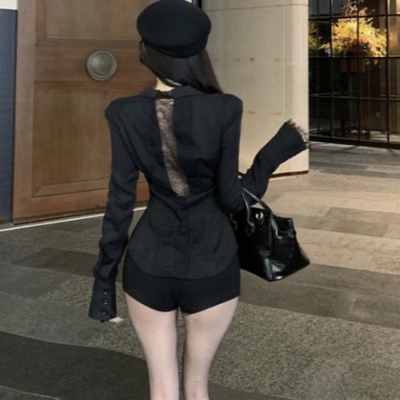 Backless Lace Youthful Fashion Black Long Sleeve Shirt Women V Neck Patchwork Elegant Basic Blouse Lady Office Casual White Top