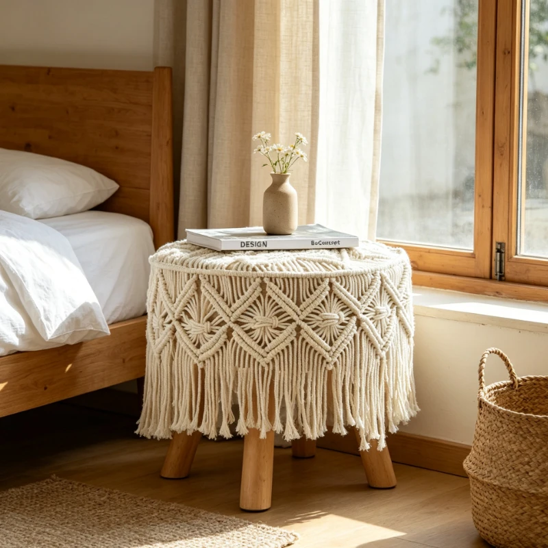 Solid Wood & Cotton Rope Round Stool, Handwoven Footrest for Living Room & Sofa, Aesthetic Home Decor for B&B & Home