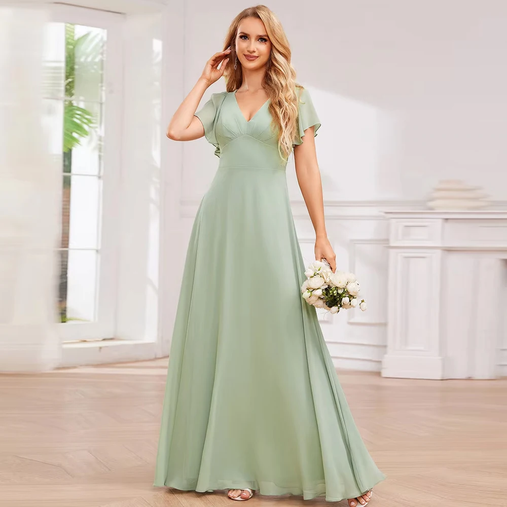 

BAZIIINGAAA Party Dress Elegant Bandage Backless Chiffon Evening Dresses with Ruffles Sleeve Evening Dresses