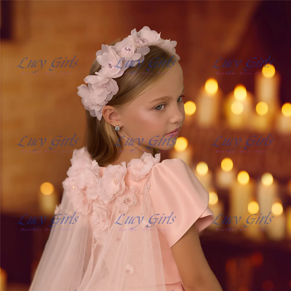 New Pink Flower Girl Dress Quality Satin Fluffy Exquisite Applique for Kids Wedding Birthday Holiday Party Evening Ball Gowns