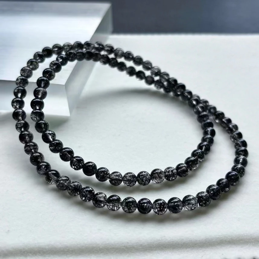 Natural Black Rutilated Quartz 3 Laps Clear Round Beads Bracelet 5.7mm Stretch Women Men Black Rutilated Rare AAAAAA Genuine