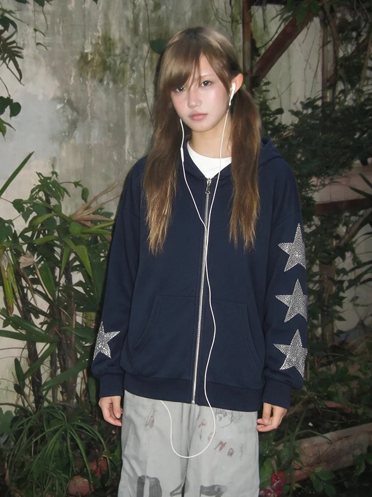 Tonngirls Y2k Japanischer Zip-up Hoodie für Damen, Strass-Stern, lockerer Pullover, amerikanischer Retro-Vintage-Kapuzenmantel, Ästhetik der 2000er Jahre – Detail 5