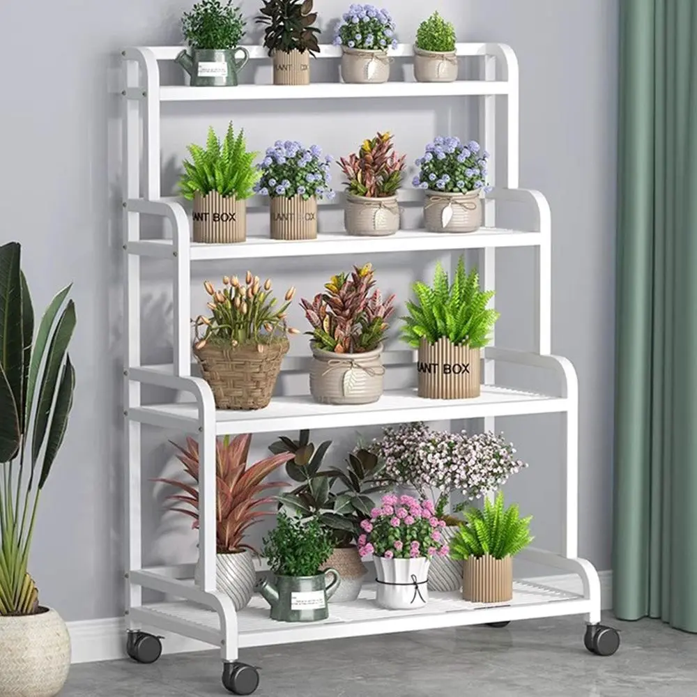 

Heavy-Duty 4-Tier Metal Plant Stand with Wheels - Waterproof, Suitable for Indoor and Outdoor Use, White, 100cm Length
