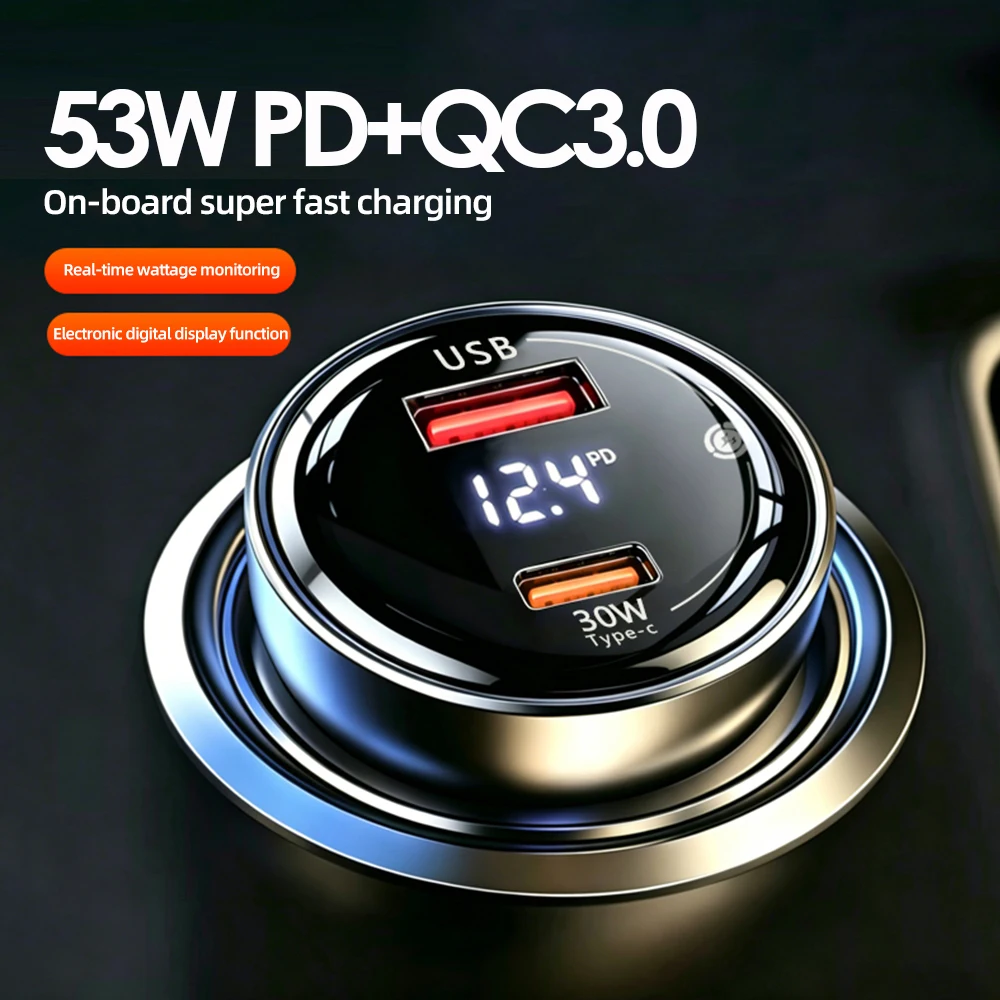 

Автомобильное зарядное устройство PD30W+QC3.0 с двумя портами, быстрая зарядка, адаптер питания 53W 12-24V с выключателем и цифровым вольтметром с отображением тока