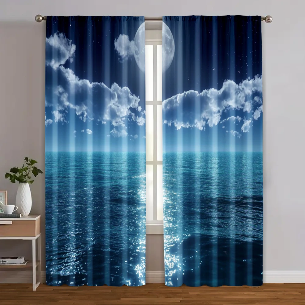 2pcs, Window Curtain 2D print Vintage Ocean Moon Night Sky Versatile Fabric (without rod) Festive Perfect for Bedroom, Living