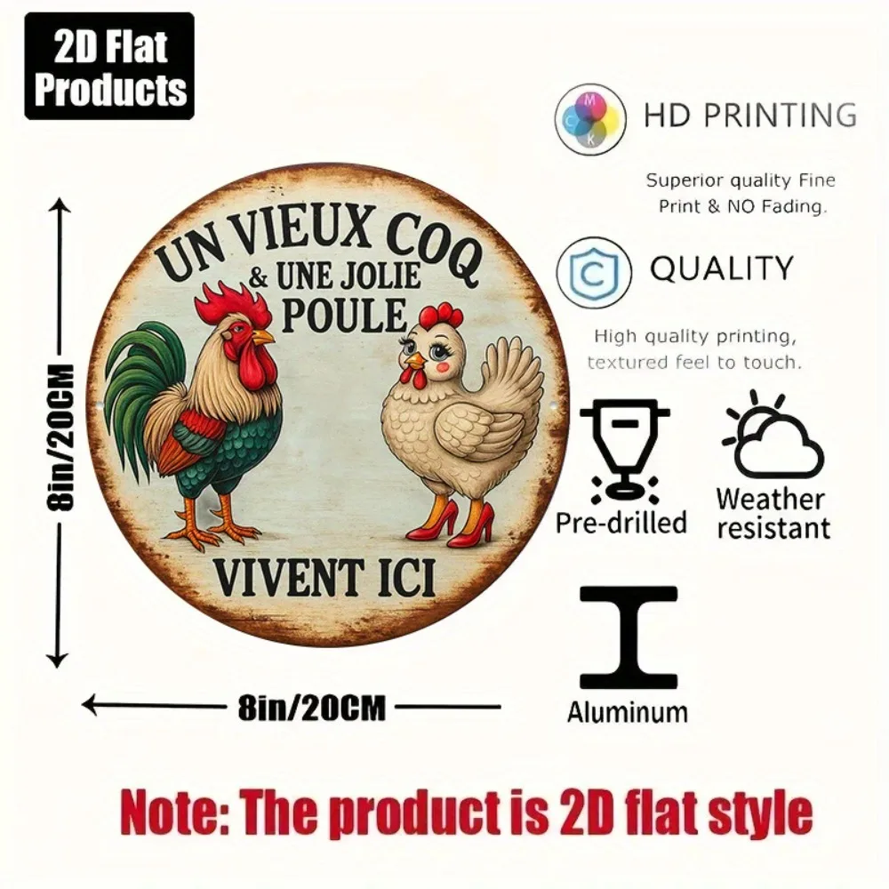 1pc French Rooster & Hen Metal Wall Plaque - 8-Inch Round Vintage French Country Chicken Sign，Durable Aluminum Rooster Gift,