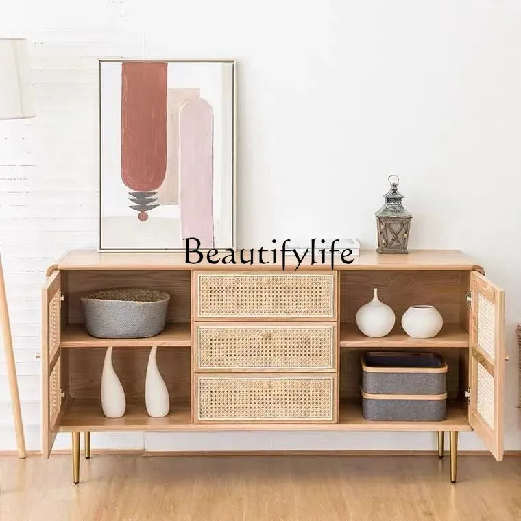 Nordic Solid Wood Three-Bucket Cabinet Household TV Bench for Bedroom Drawer Rattan Storage Cabinet Multifunctional