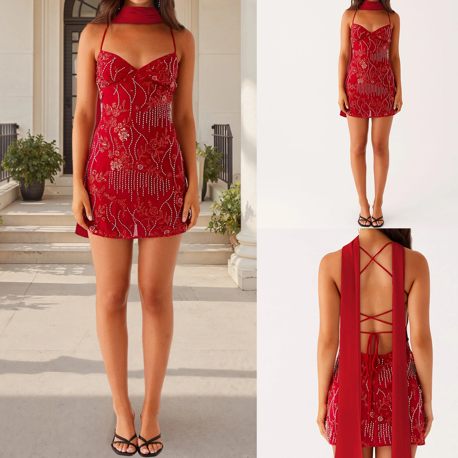 여성 y2k 요정 스팽글 캐미 미니 드레스 스파클 라인 석 꽃 자수 스파게티 스트랩 민소매 Bodycon 드레스 스카프