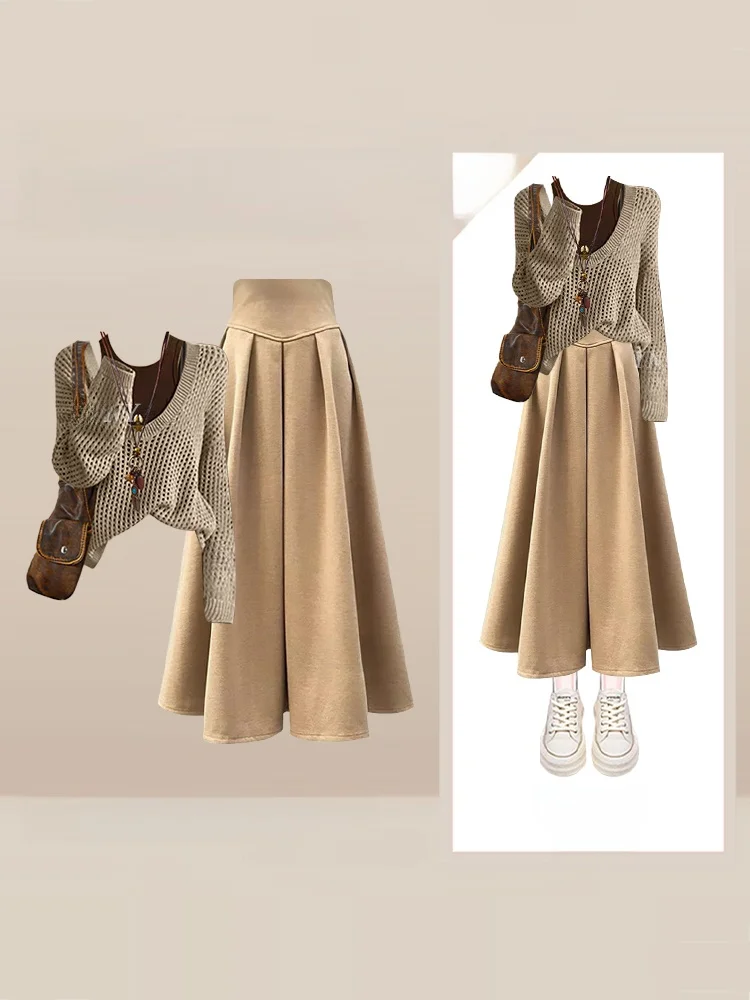 Set gilet e gonna in maglia retrò Design scavato Gonna longuette a vita alta Lunga Sve V-Ne Vestibilità ampia T-Pezzo...