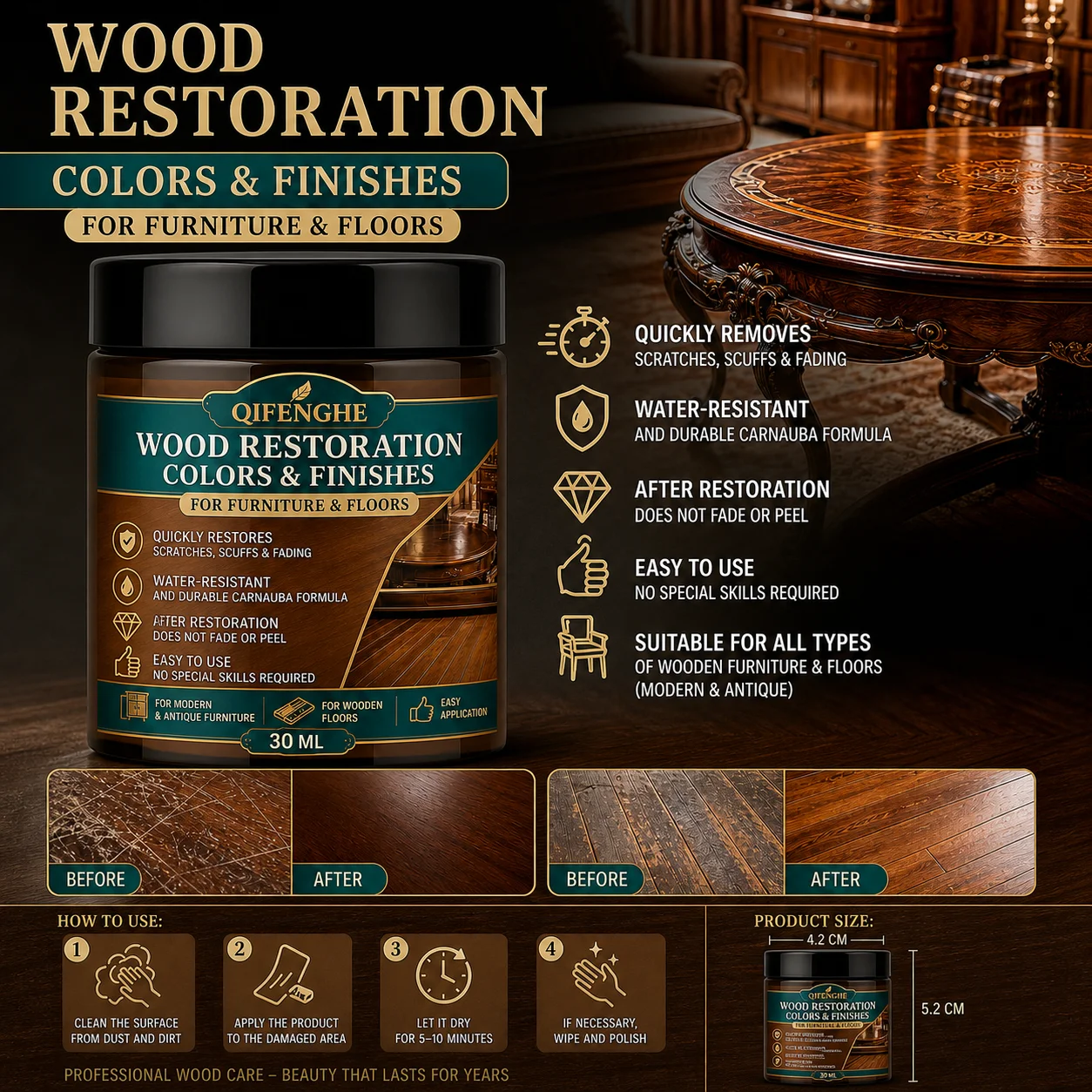 QIFENGHE Wood Restoration Cream 30ml, Furniture Floor Repair Paste, Restore Scratches Fading, Water Resistant Wood Color Refinis