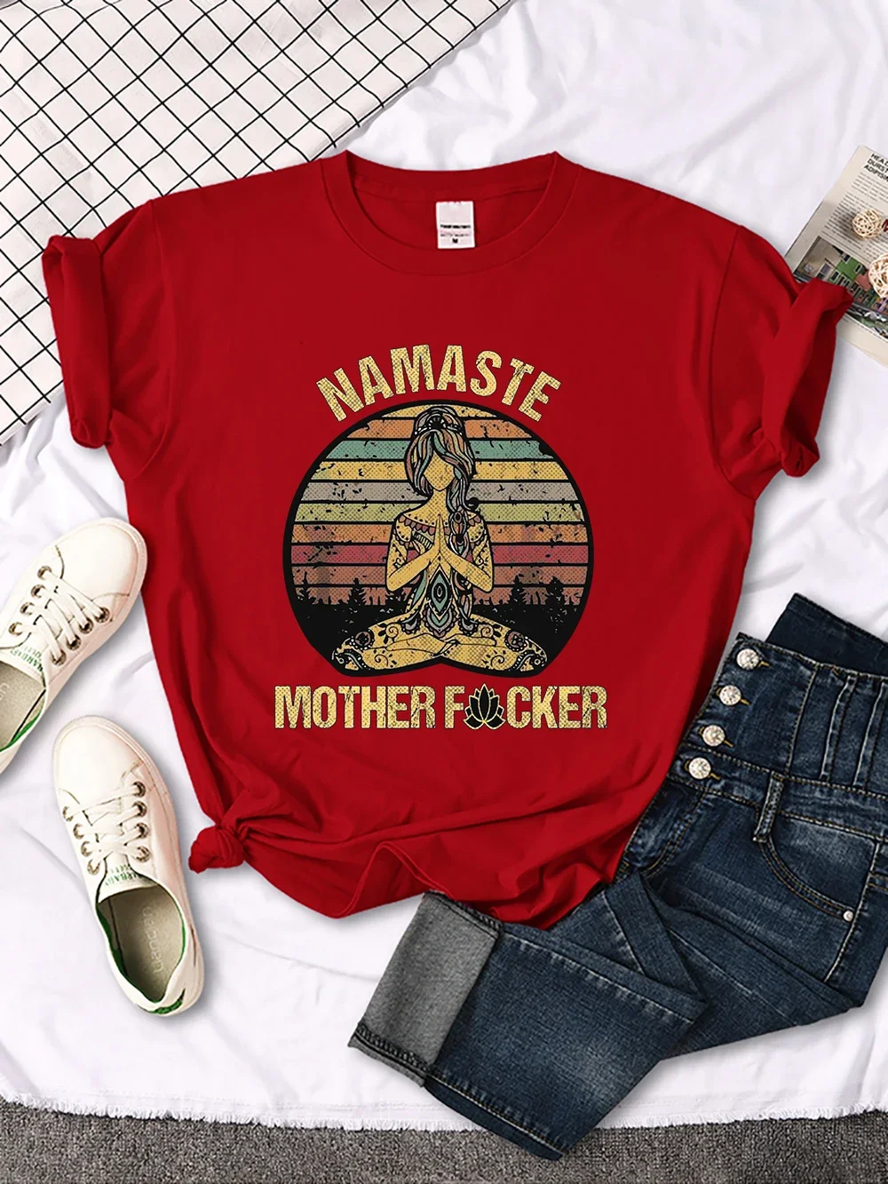 Vintage Namaste Mother Explicit Pattern Women T-Shirt O-Neck Creative T Shirts Fashion Breathable Crop Top Casual Sport T Shirt