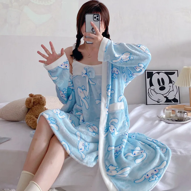 Cinnamoroll Nightgown Sanrio Anime Sexy Thick Warm Flannel Print Nightgowns Robes Set For Women Sleepwear Bathrobe Night Dress