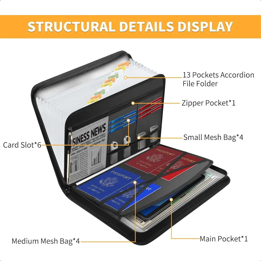 5200 منظم مستندات مقاوم للحريق متعدد الجيوب منظم ملفات الأكورديون مع ملصقات بسحاب مطورة معزولة للحرارة 13 جيوب E