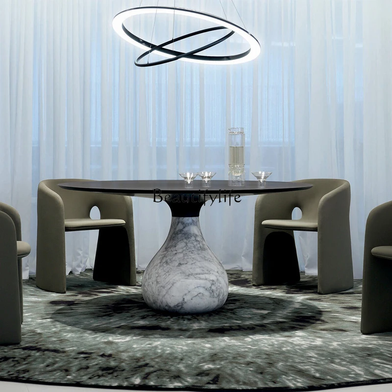 High-end Italian natural marble round dining table Household round water drop dining table