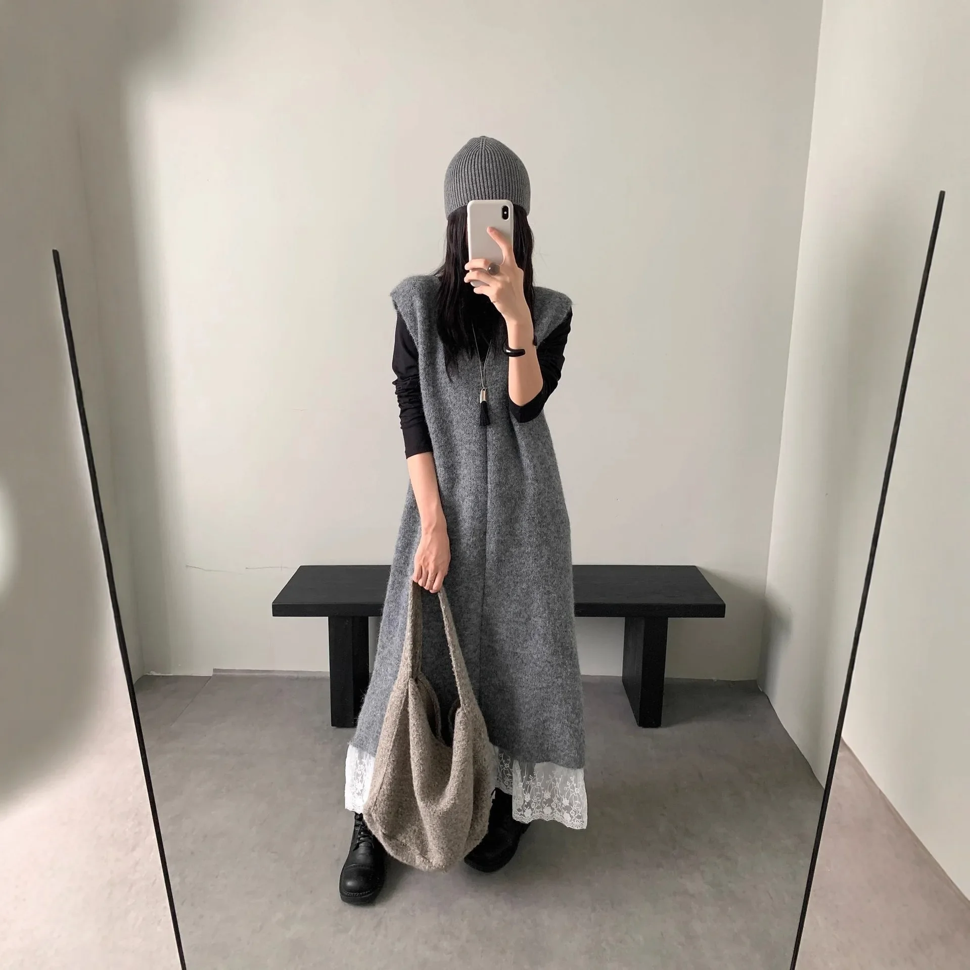 

Soft and Lazy Style V-neck Sweater Dress for Women Autumn and Winter Loose Thickened Fashion Layered Knitted Lace Long Skirt