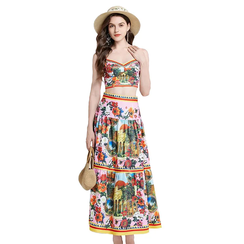 

Women Vacation Outfit Sexy Casual Suit Dress Sets Summer Runway 2025 Print Vintage Crop Top and Maxi Skirt Set 2 Piece