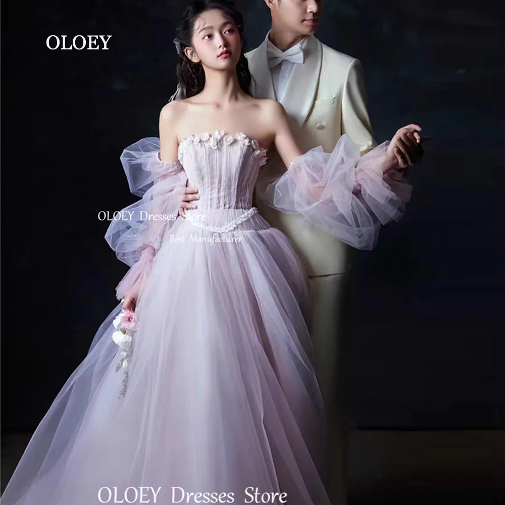 

OLOEY Strapless Light Purple Prom Dresses Korea Photoshoot Silky Organza 3d Flowers Evening Dresses Perform Gowns Custom Made