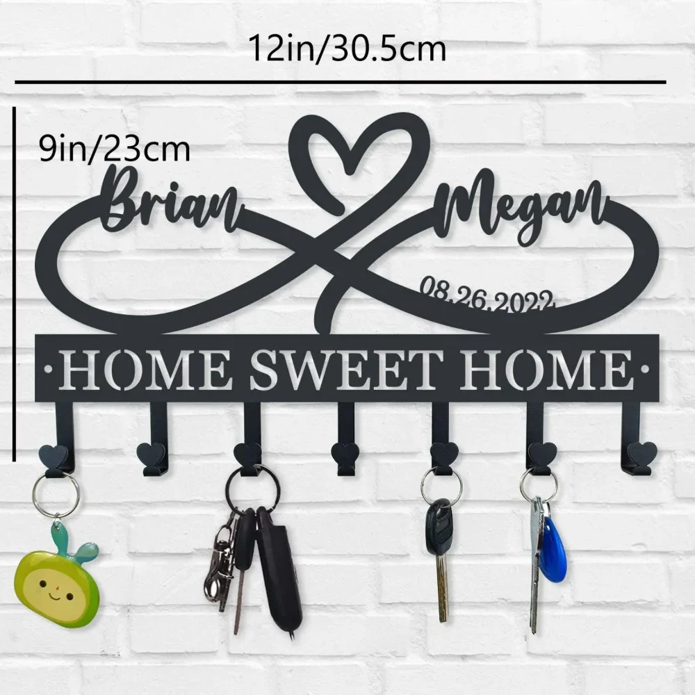 Fashionable Personalized Metal Infinity Heart Key Holder Wall Hook with Custom Name Suitable for Loving Occasions and Home Decor