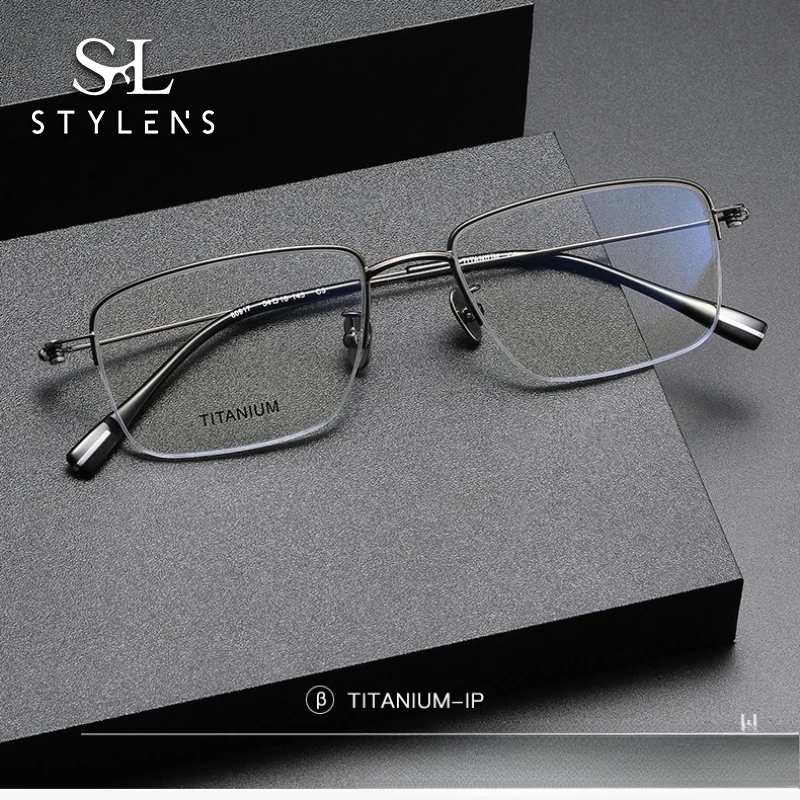 

STYLENS квадратные очки в полуоправе из чистого титана для мужчин и женщин, очки для чтения с защитой от синего света, оптические прогрессивные очки по рецепту 80917