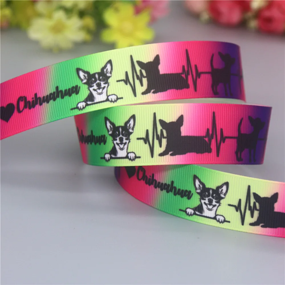 DHK 50yards Chihuahua Dog Printed Grosgrain Ribbon Accessories Headwear Decoration Collar DIY Sewing Craft S2404