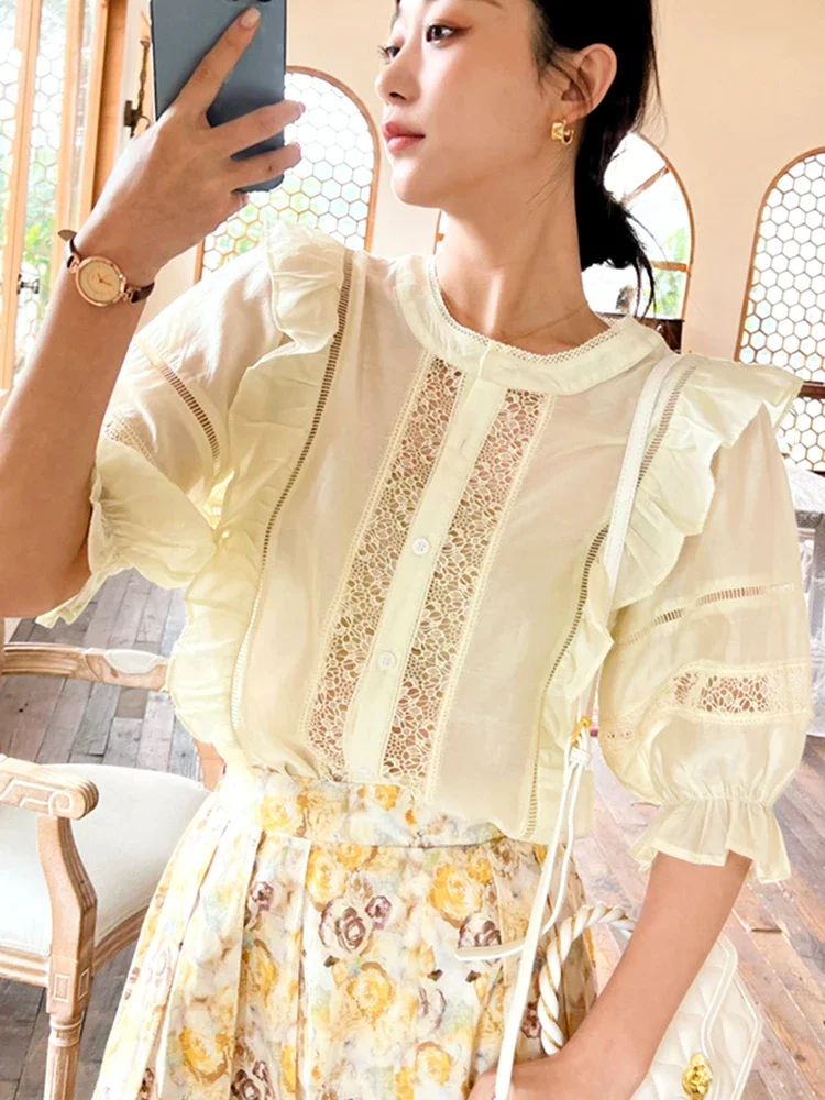 

GypsyLady Hollow Out Sexy Chic Blouse Shirt Lyocell Lace Patchwork Sheer Sexy Summer Yellow Women Blouse Puff Sleeve Ladies Tops