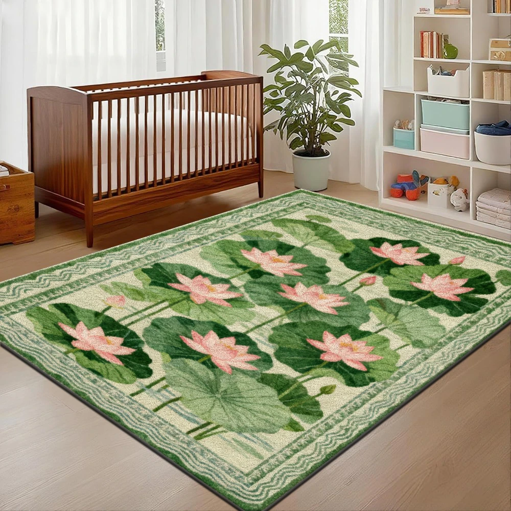 Spring Lotus Floral Pattern Decor Area Rug, Durable Non‑Slip Machine Washable Floor Mat for Under Bed Indoor Outdoor Home