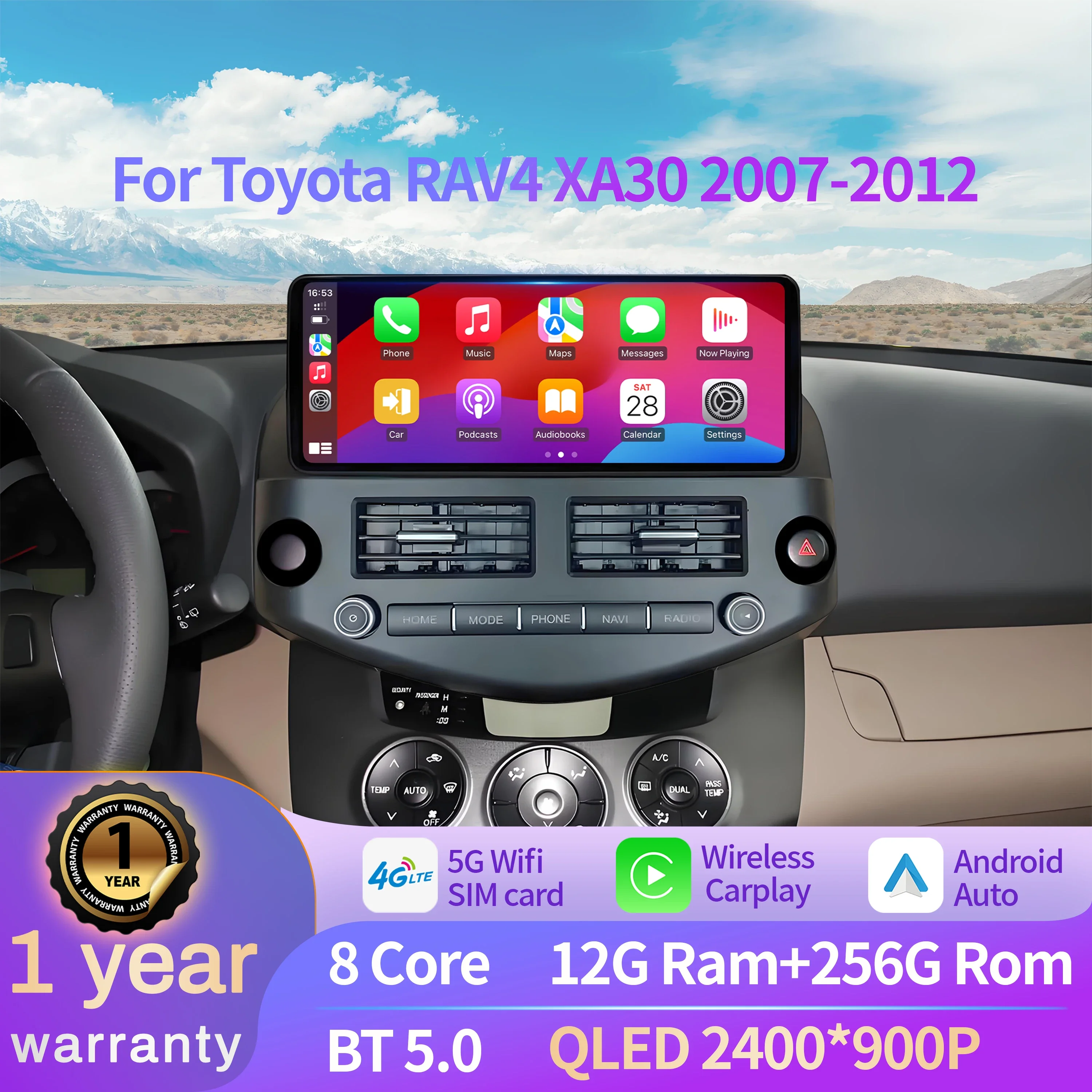 12.3 inch 4G For Toyota RAV4 XA30 2007-2012 Android 15 Car Radio Wireless Bluetooth Carplay Multimedia Head Unit Touch Screen