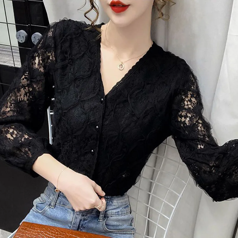 Vintage Elegant Chic Lace Korean Fashion Slim Sweet Tops Blouses for Women Casual V Neck Long Sleeve Solid Shirts Female Clothes