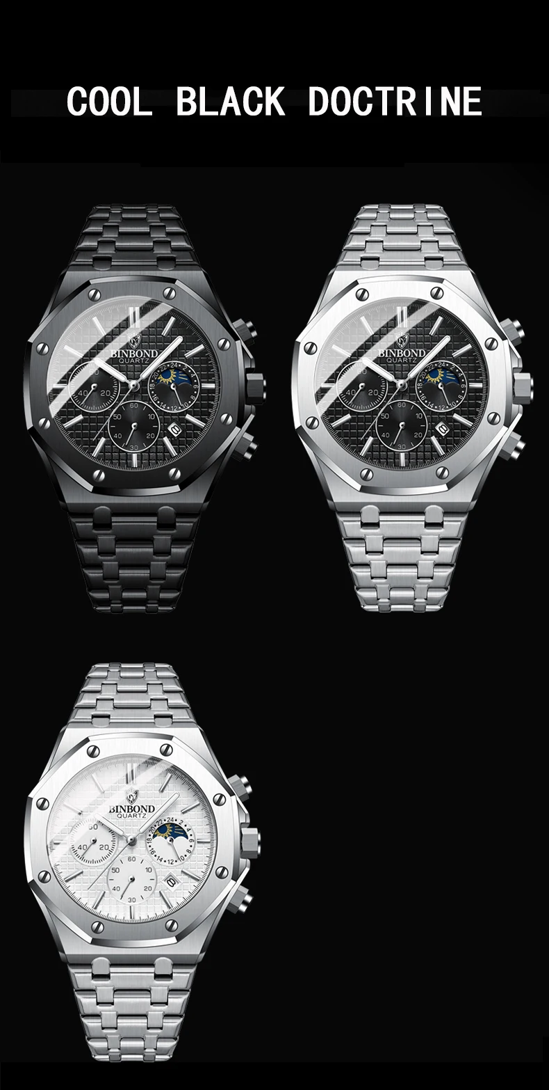 BINBOND Qualität Männer Uhr Luxus Hohe Mann Quarz Armbanduhr Wasserdicht Leucht Datum Edelstahl herren Uhren Casual Uhr – Detail 12