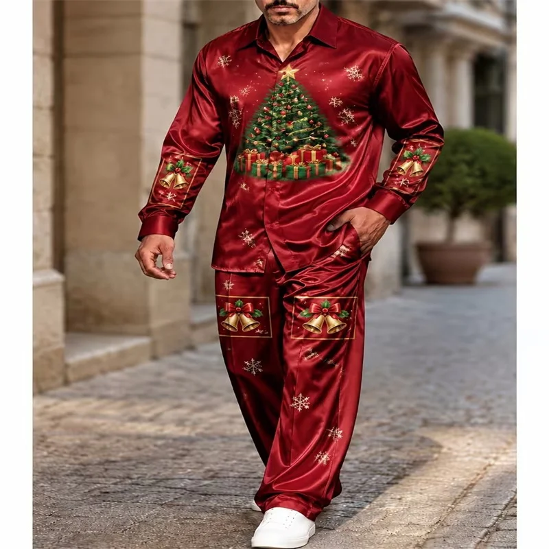 Men's Christmas Satin Pajama Set Red Long Sleeve Button Down Shirt&Pants Merry Christmas Reindeer Print Sleepwear Holiday Lounge
