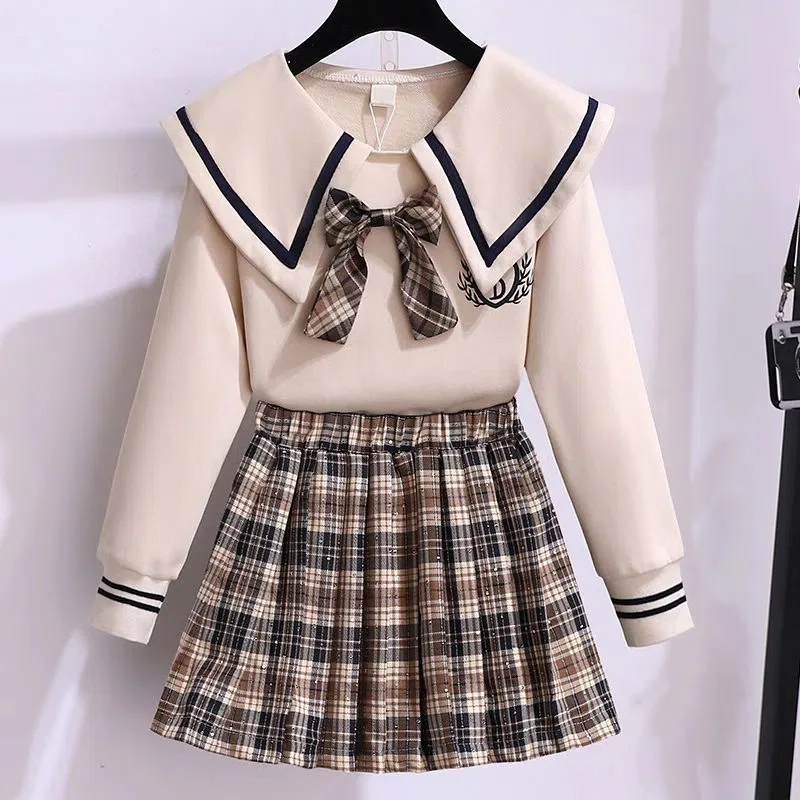 Korea School Uniform Autumn Blouse Shirt With Bow Tie High Waist Pleated Skirt 2PCS Japanese Style Student Skirt JK Outfits