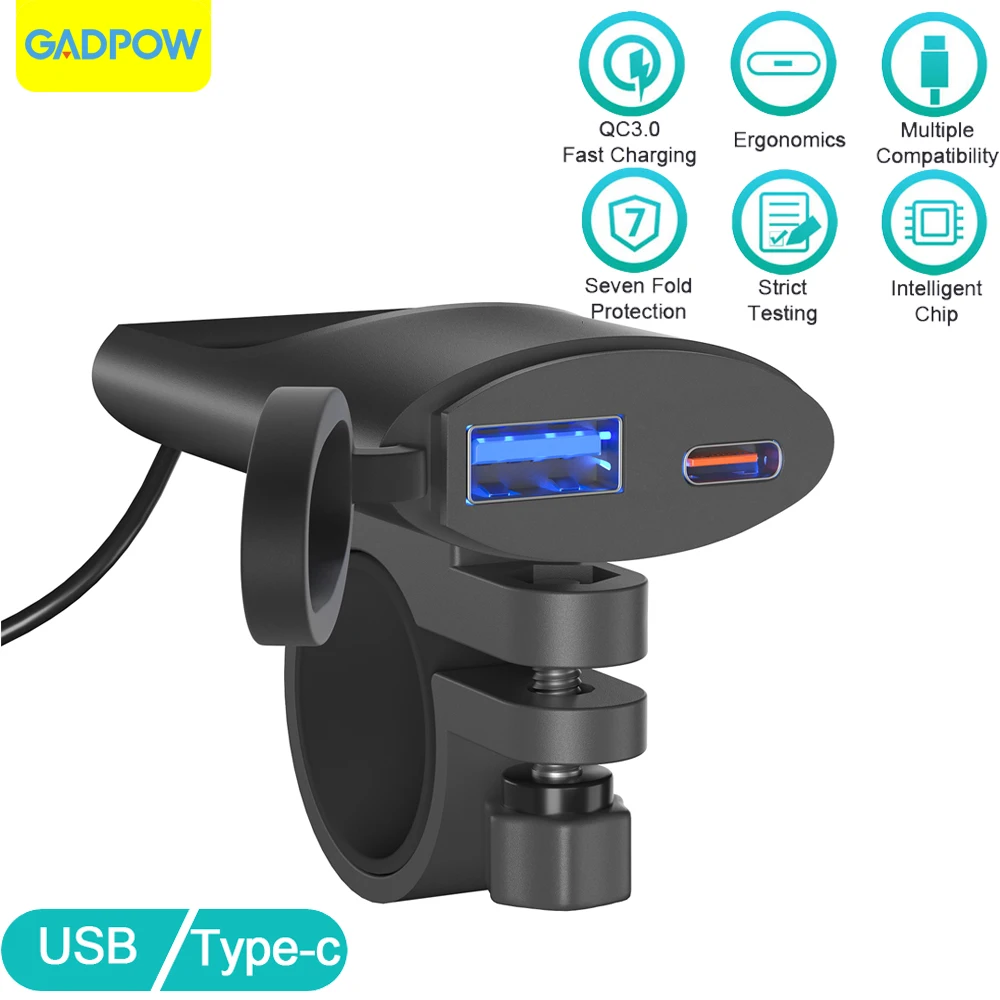 Gadpow-cargador USB QC3.0 para motocicleta, cargador de USB-C de 30W, IP67, resistente al agua, soporte de montaje en manillar, cámara Digital,