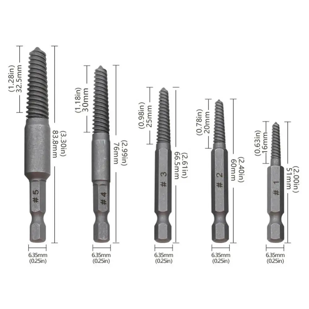 Brocas de removedor de parafuso quebrado, haste sextavada, ferramenta extratora para parafuso danificado, dentes deslizantes, removedor, 6pcs