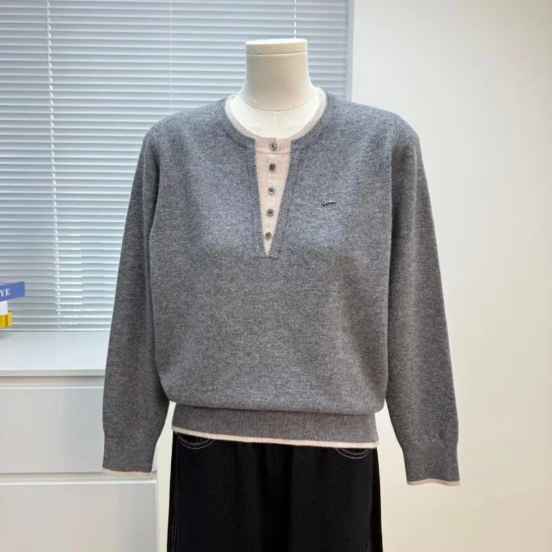 Mature Women Fake Two Piece Knit Top Spring Loose Long Sleeve Inner Basic Blouse
