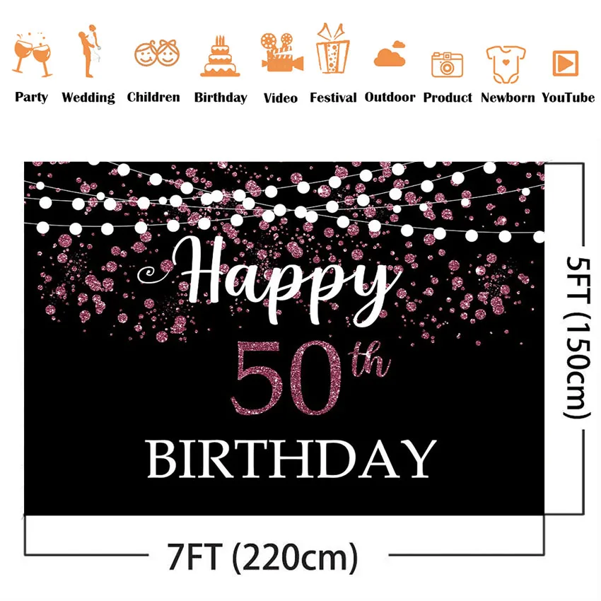 Pink Rose Glitter Shining 50th birthday backdrop light happy fifty birthday party background supplies party decoration props