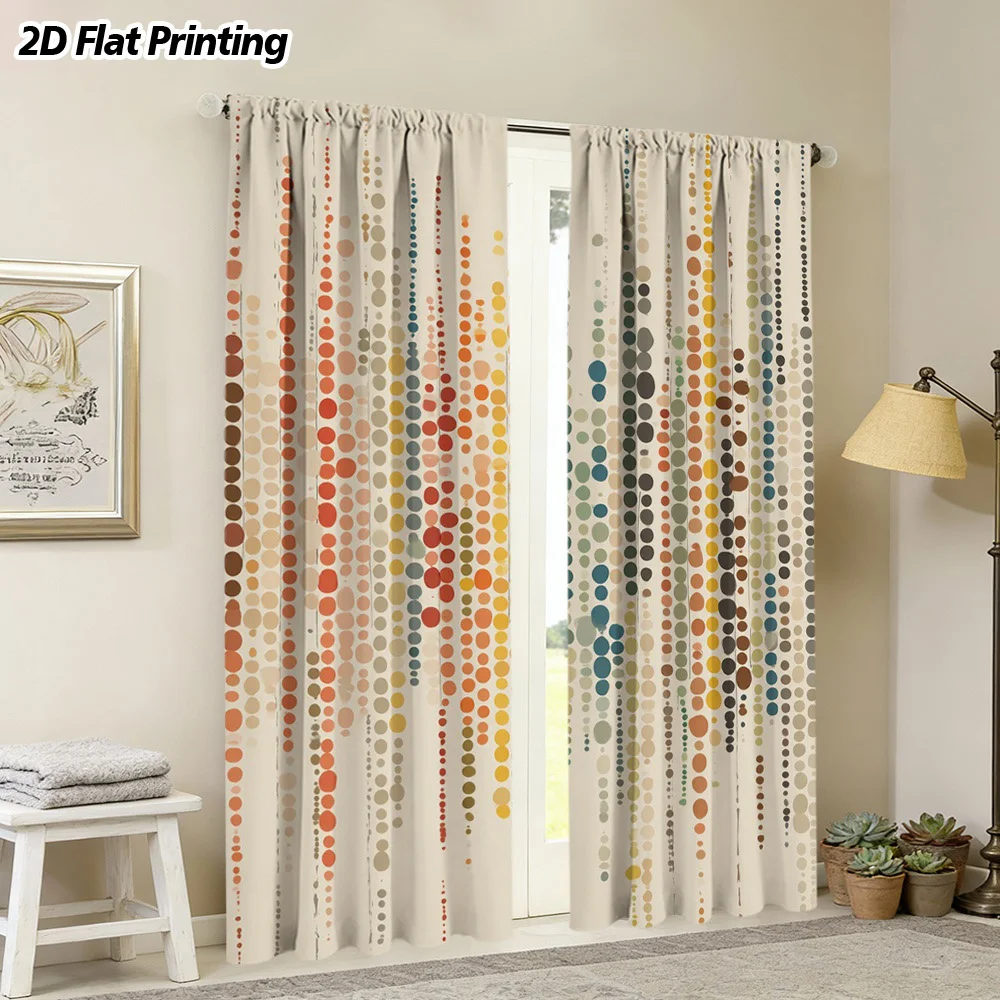 2PCS Digital Print Curtains, Bohemian Colorful Dot Vertical Stripe Pattern Beige, Ethnic Boho Style for Living Room ／ Boho Chic