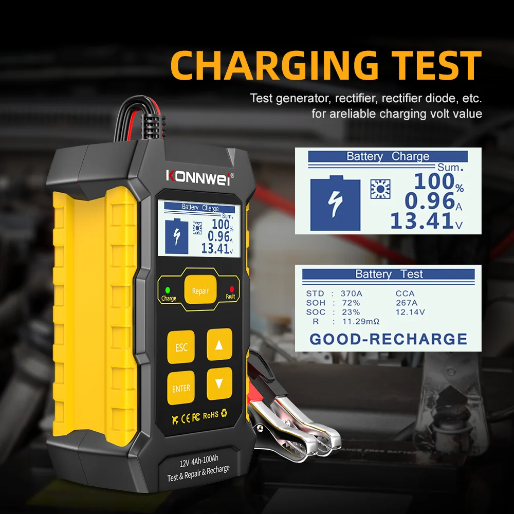 KONNWEI KW510 Car Battery Tester Full Automatic 12V Pulse Repair 5A Battery Chargers Cranking AGM Gel Car Repair Tool PK BM550