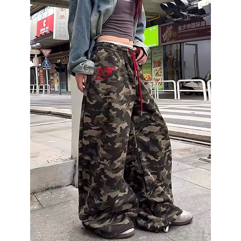 

ZHIZOU Women Y2K Vintage Camouflage Embroidery Pants American Streetwear Baggy Sweatpants Casual Wide Leg Trousers Autumn 2025