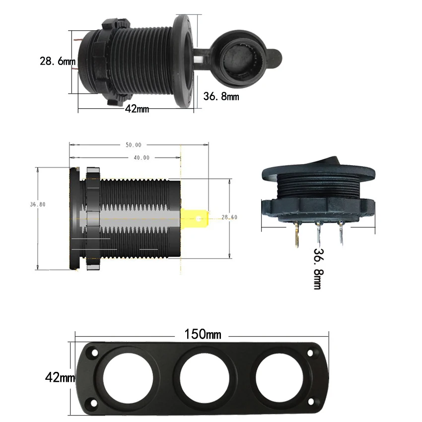 3.1A Dual USB Charger 12V Cigarette Lighter Socket Power Outlet ON-Off Rocker Toggle Switch Panel for Car Marine Boat Truck