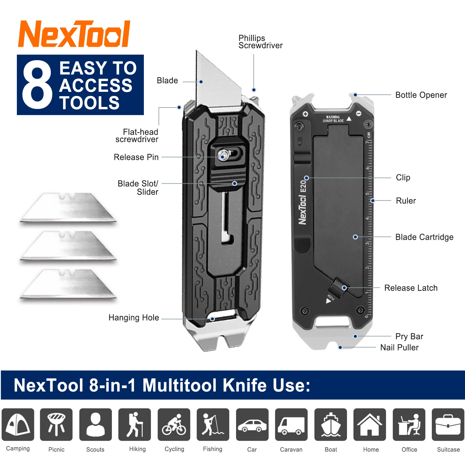 NexTool Explorer E20 Utility Knife Box Cutter Retractable Pocket Knife Multitool Utility Cutter Outdoor Cycling Repair Hand Tool