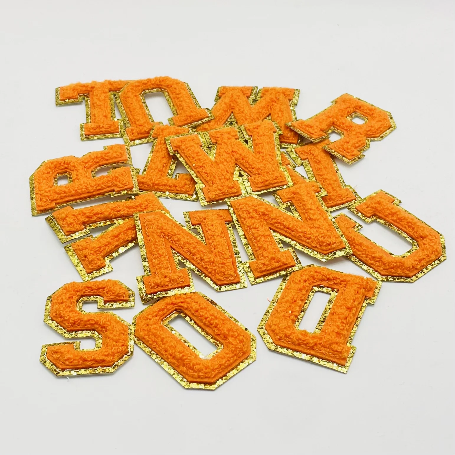 

5pcs 5.5CM Orange Chenille Letter Patches Iron on For Clothing Towel Embroidered Felt Alphabet Glitter Sequins Letters DIY Patch