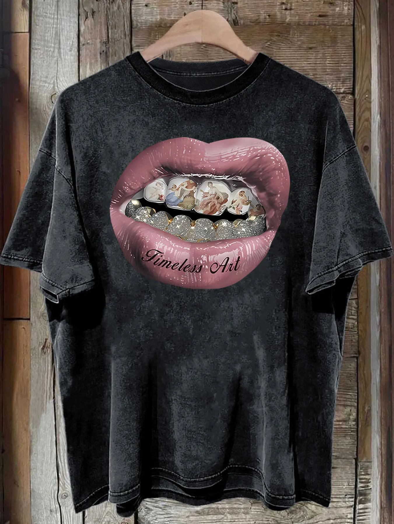 Fashion Women Clothing Vintage high street mouth  Pattern Washed T Shirts   Y2k   Graphic  Top  Shirts for Women