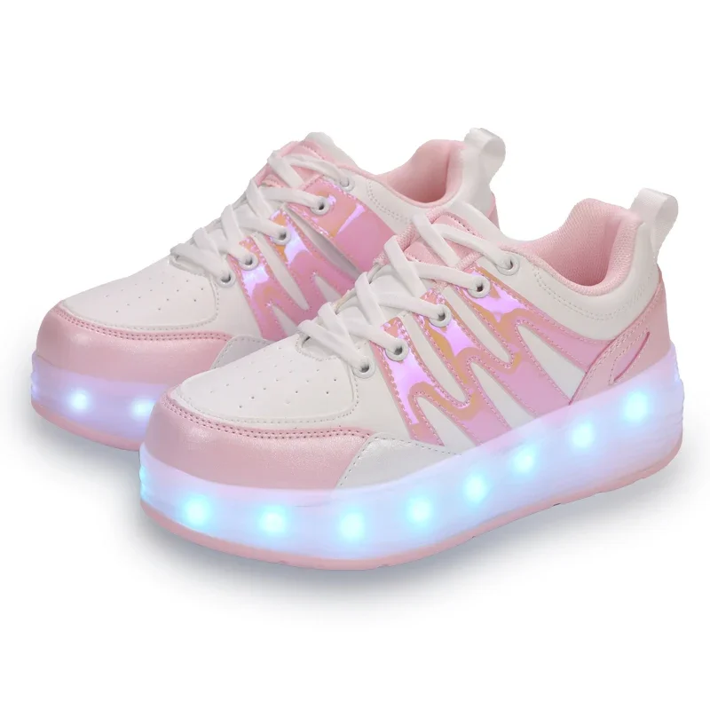 أحذية تزلج دوارة وامضة للأطفال مع عجلتين أحذية تزلج أوتوماتيكية غير مرئية أحذية رياضية للأطفال قابلة للتنفس