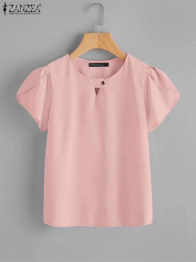

2025 ZANZEA Summer Elegant Shirts Women Solid Tunic Blouse Fashion Work OL Blusas Female O Neck Short Petal Sleeve Tops Mujer