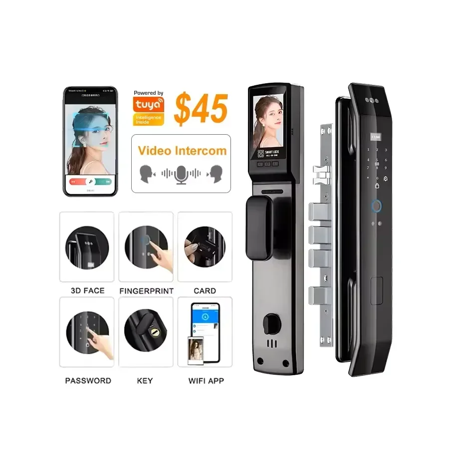 004 Glomarket Tuya Smart Two-Way Intercom Aluminum Alloy Fingerprint 3D Face Recognition Door Lock Digital Door Smart Lock