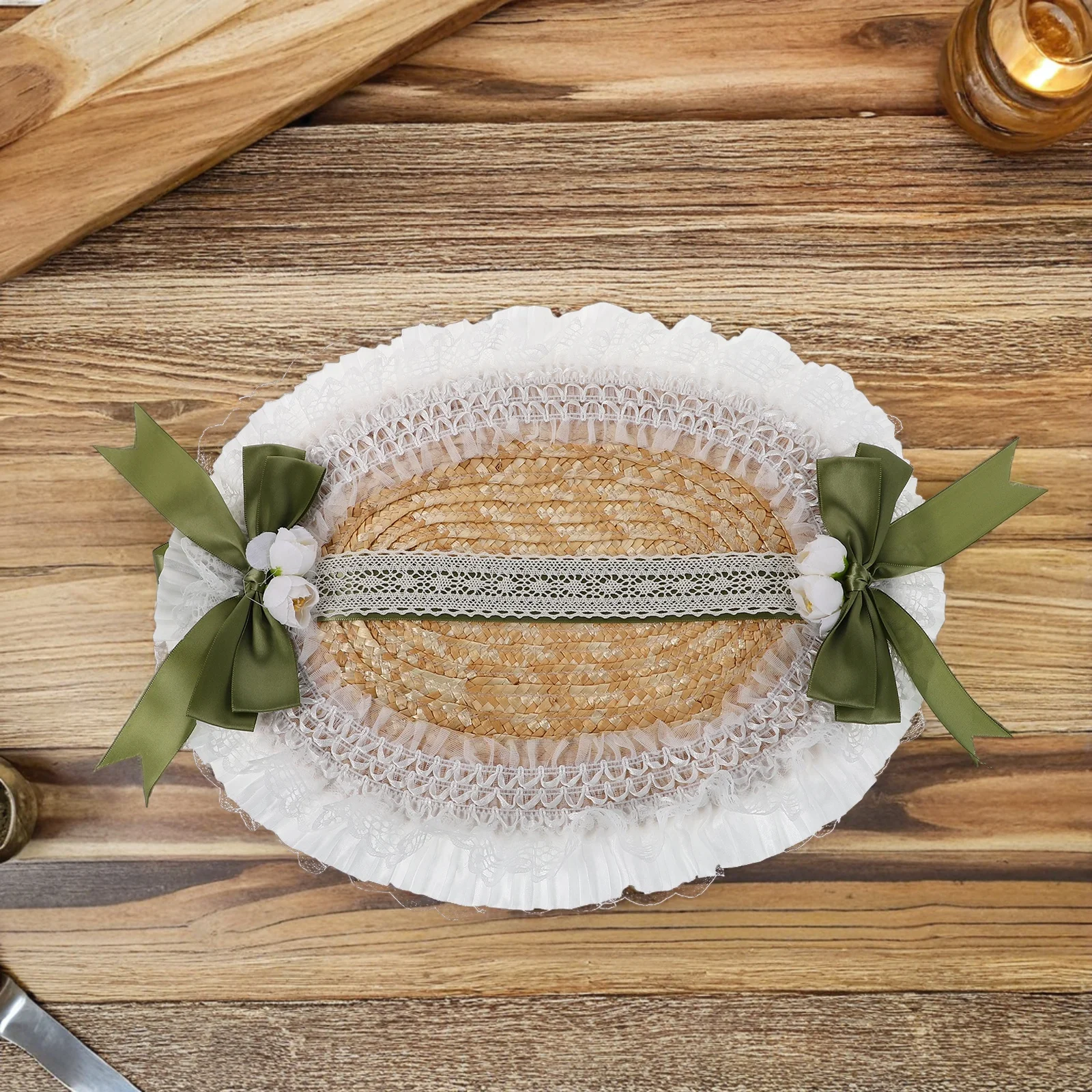 لوليتا قبعة القش الحلو Cottagecore قبعة الشمس مع لهجات الأزهار قابل للتعديل ربطة القوس فيونكة للصيف في الهواء الطلق حديقة حفل زفاف #5