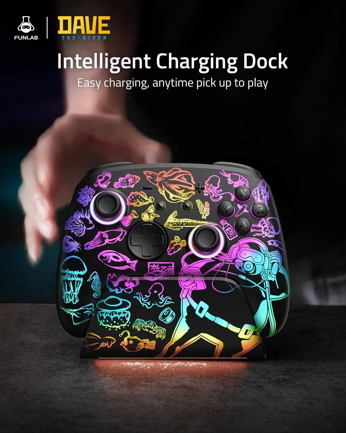 Switch 2 Pro Controller with Charging Dock Dave the Diver- Hall Effect Sticks, Hidden-Light RGB, One-Click Wake-Up for Switch 2