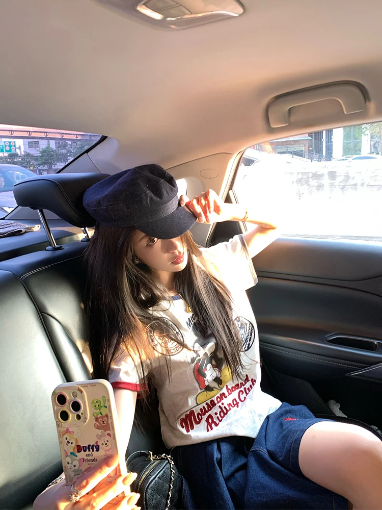 

Женская футболка Thebestxue Sydney Holiday Color Block Mickey с коротким рукавом и круглым вырезом, в американском ретро-стиле, с мультяшным принтом, повседневная, свободного кроя