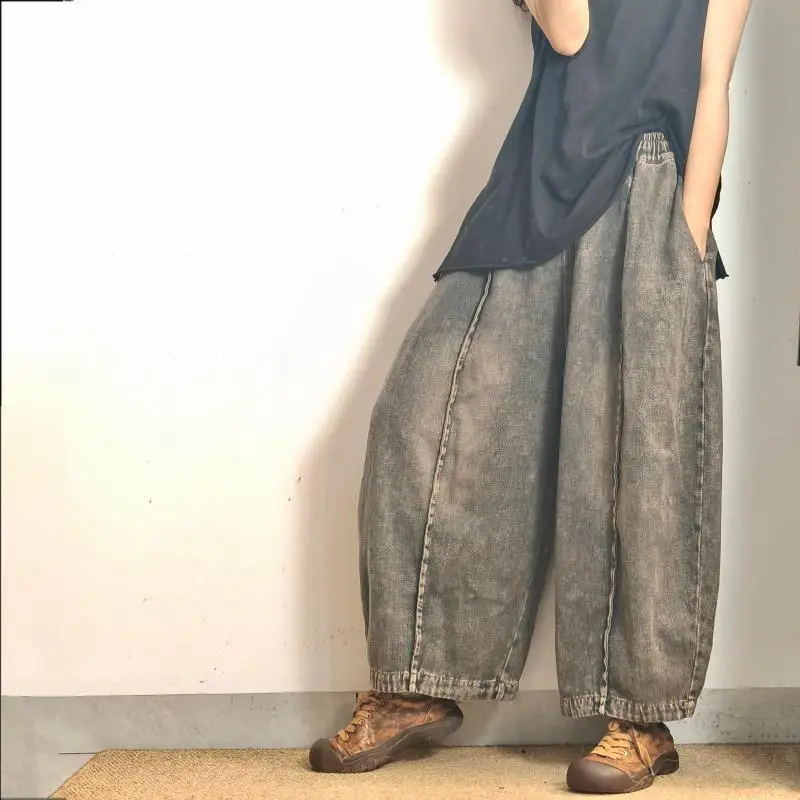 2026 Spring Autumn Arts Style Women Elastic Waist Cotton Denim Ankle-length Pants All-matched Casual Loose Vintage Blue Jeans