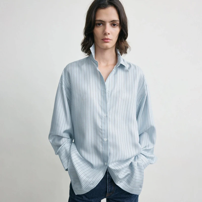 

Женская повседневная рубашка Nordic Mat Faion Commute Loose Lazy из шелкового атласа в полоску, с длинным рукавом, отложным воротником, средней длины